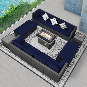 Gray 15-Piece 12-Seats Wicker Patio Fire Pit Sofa Set with Navy Blue Cushions Ottomans and Coffee Tables