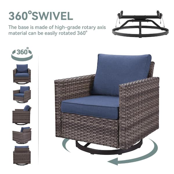 U-Weave 3-Piece Gray Wicker Swivel Outdoor Rocking Chairs Patio Conversation Set with Olefin Blue Cushions