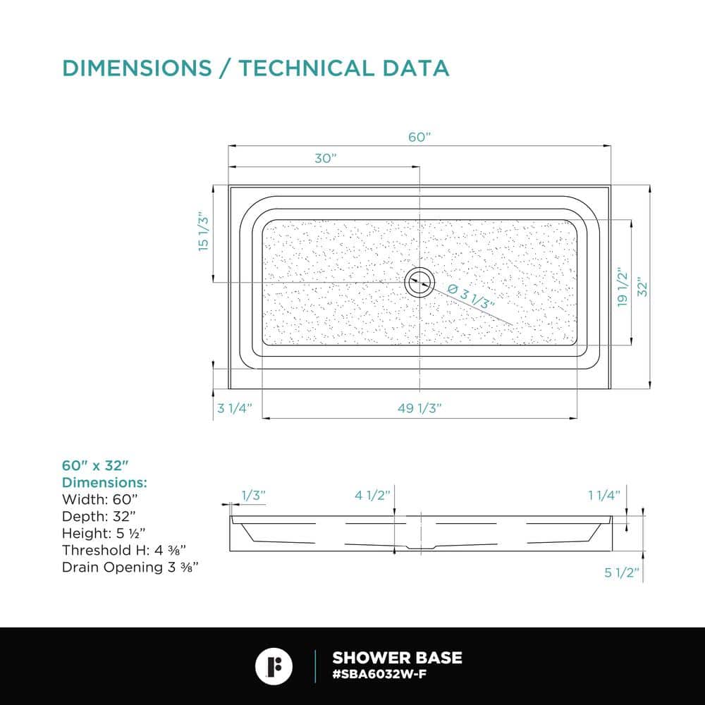 60" x 32" White Acrylic Single Threshold Shower Base