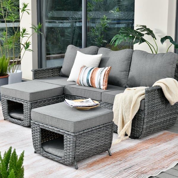 OVIOS Fortune Dark Gray 3-Piece Wicker Outdoor Patio Conversation Seating Set with Dark Gray Cushions