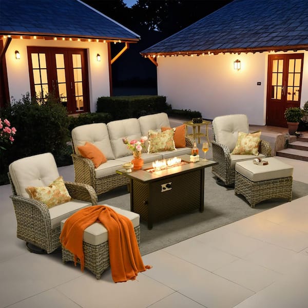 Beverly 7-Piece Wicker Patio Conversation Sofa Swivel Chairs Set with Metal Fire Pit and Beige Cushions