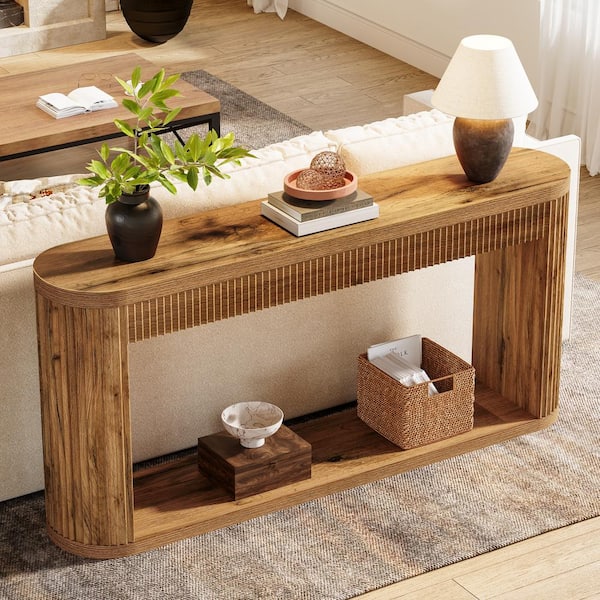 Benjamin 63 in. Brown Rectangle Wood Fluted Console Table for Entryway, Long Sofa Table Behind Couch Table with Storage