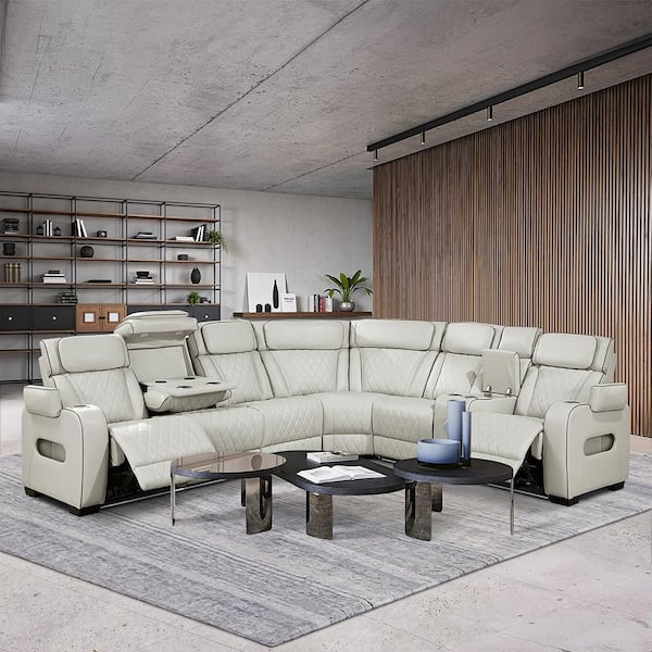 Clumber 128 in. Pillow Top Arm Faux Leather 3-Piece Power Reclining Sectional Sofa with Right Side Console in. Taupe