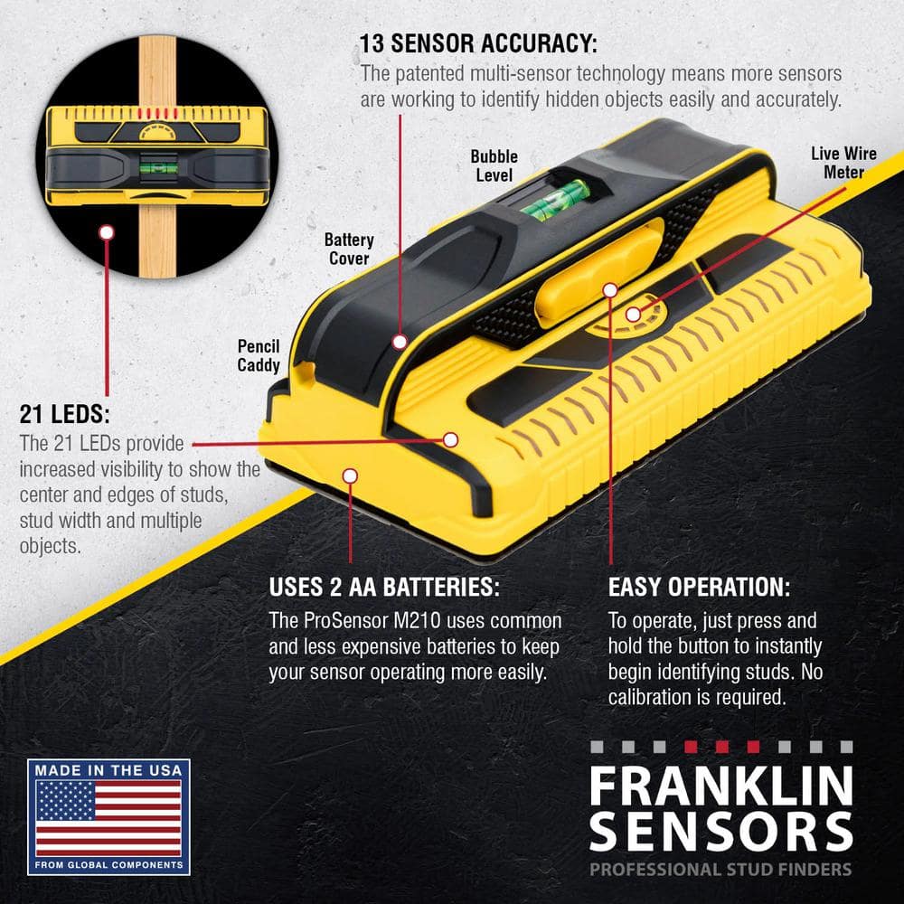 Franklin Sensors ProSensor M210 Full Width Center and Edge Stud Finder with 13-Sensors and Live Wire Meter/Wood and Metal Stud Detector FSM21012HD