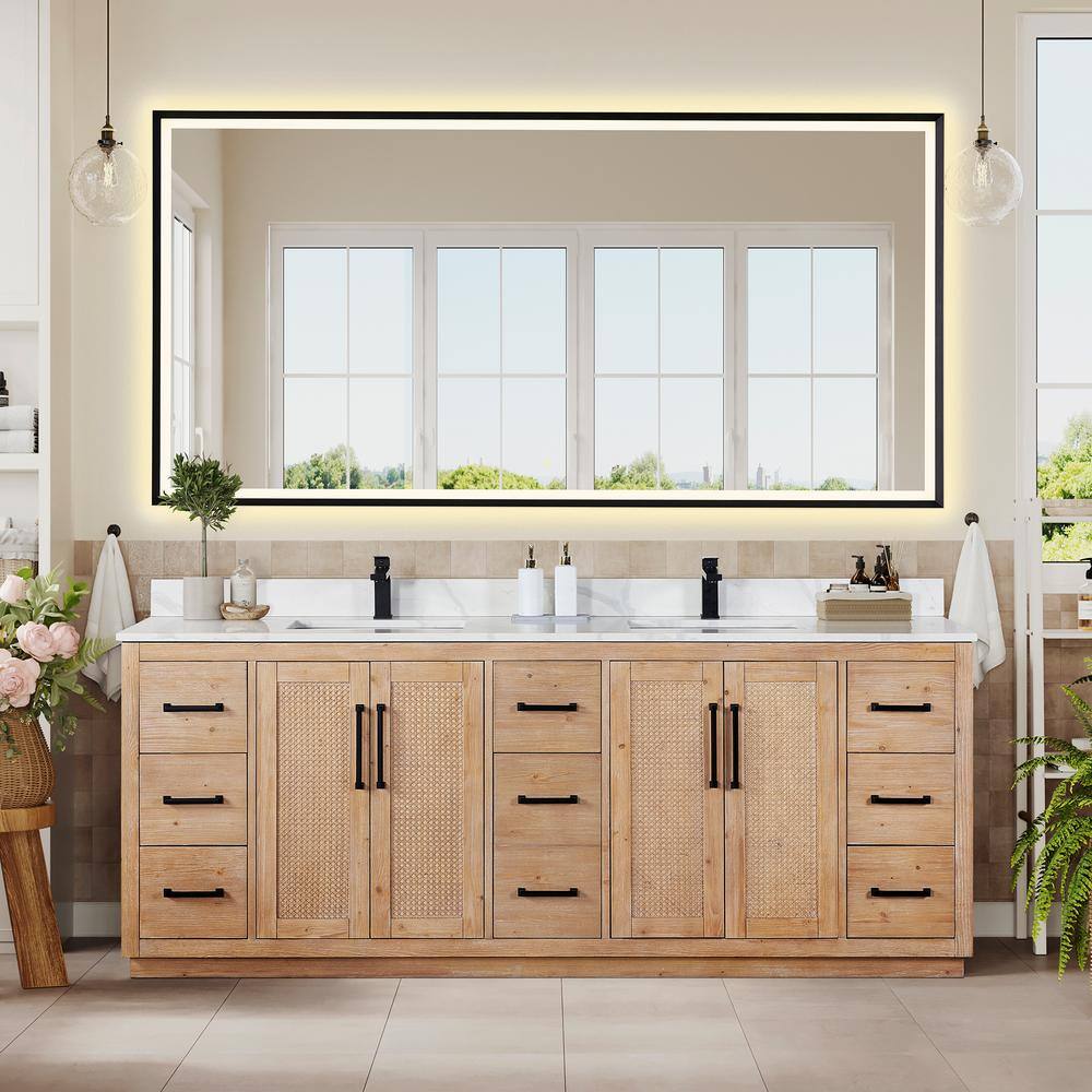Floral 84" Light Brown Fir Wood Vanity with Calacatta White Quartz Top and Mirror
