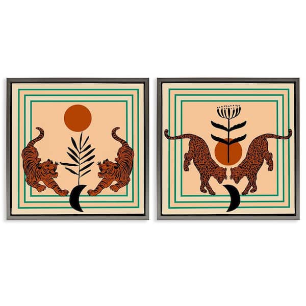 Stupell Industries Boho Symmetrical Wild Cats by Melissa Wang 2-Pieces Gray Floater Frame Animal Graphic Art Print 25 in. x 25 in.