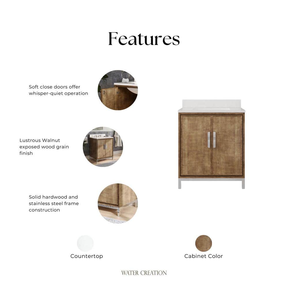 Westin 30" Lustrous Walnut Freestanding Bathroom Vanity with Quartz Top