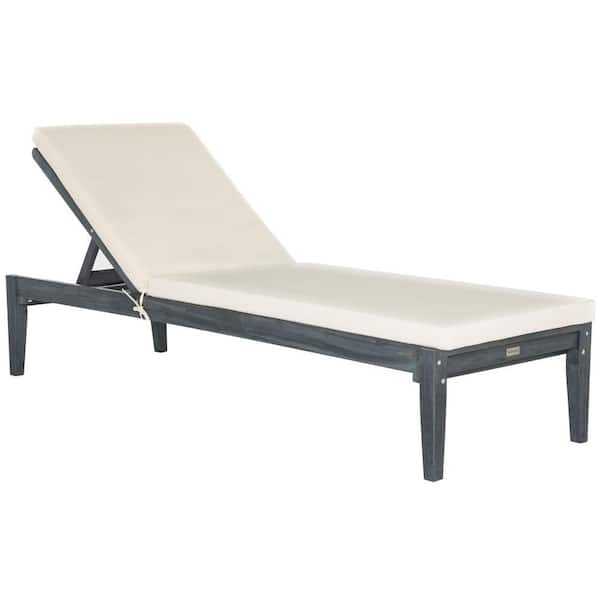SAFAVIEH Arcata Ash Grey 1-Piece Wood Outdoor Chaise Lounge Chair with Beige Cushions