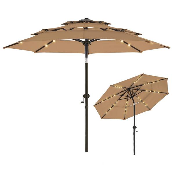 PASAMIC 9 ft. 3-Tier Solar Led Lighted Market Patio Umbrella with Push Button Tilt in Tan