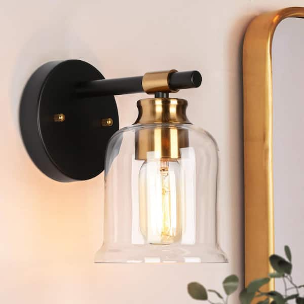 LNC Modern Black Bell Bathroom Vanity Light 5 in. 1-Light Plated Brass Wall Sconce with Clear Glass Shade for Kitchen Sink