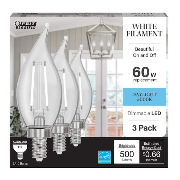 Feit Electric 60-Watt BA10 E12 Candelabra Dim White Filament Clear Chandelier LED Light Bulb 5000K (3-Pack) CFC60950CAWFILHDRP/3 - The Home Depot