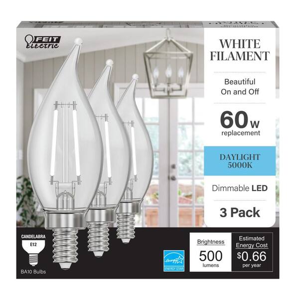 thumbnail image 2 of Feit Electric C7 E12 Candelabra LED Bulbs – Daylight 7W Equivalence – 4 Pack – Model BP7C7/850/LED/4 2 of 5
