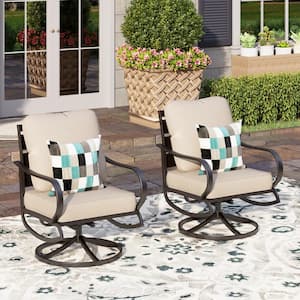 Black Metal Slatted Frame Outdoor Patio Swivel Lounge Chairs With Beige Cushions (2-Pack)