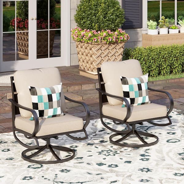 PHI VILLA Black Metal Slatted Frame Outdoor Patio Swivel Lounge Chairs With Beige Cushions (2-Pack)