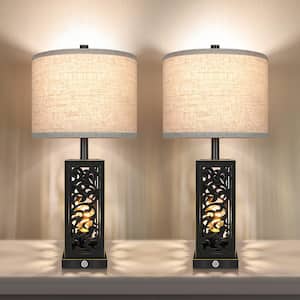 26 in. H Black Metal Table Lamp Set with Beige Linen Shade and USB Port, Nightlight, LED Bulbs Included (Set of 2)