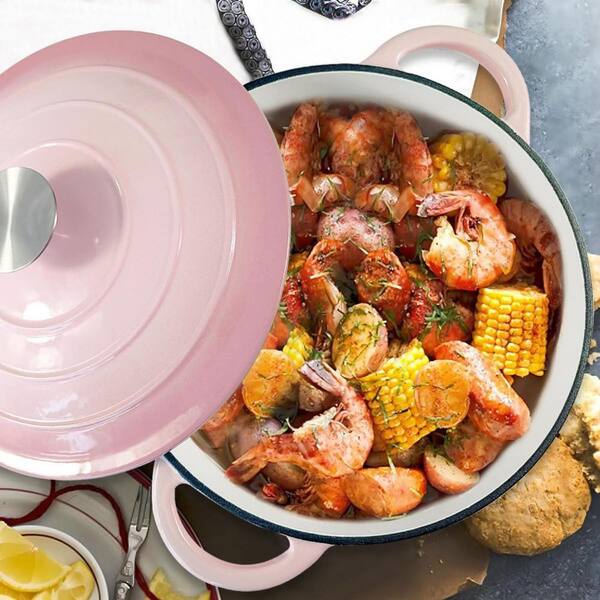 Wudkey 4.5 qt. Round Enameled Cast Iron Dutch Oven in Pink with