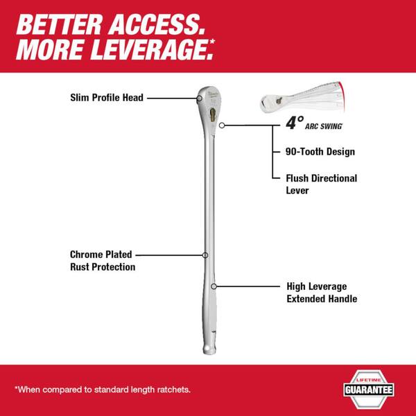 Milwaukee 3/8 in. Drive 90-Tooth 12 in. Extended Ratchet with 1/2 