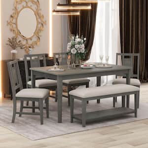 6-Piece Dark Gray MDF Top Dining Table Set with 4 Upholstered Chairs and 1 Bench with a Shelf