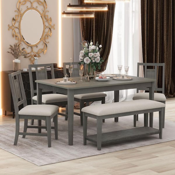 Nestfair 6-Piece Dark Gray MDF Top Dining Table Set with 4 Upholstered Chairs and 1 Bench with a Shelf