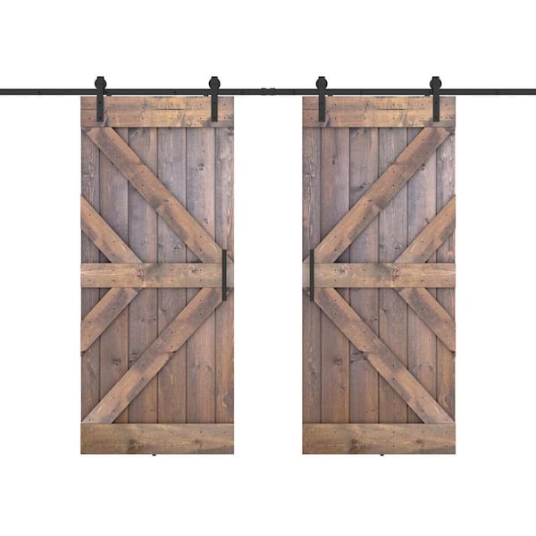 Dessliy Double KR 76 in. x 84 in. Fully Set Up Briar Smoke Finished Pine Wood Sliding Barn Door with Hardware Kit