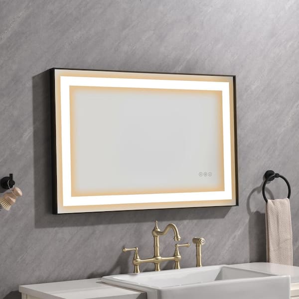 FUNKOL 24 in. W x 36 in. H Matt Black Rectangular Aluminium Framed LED Lighted Wall Bathroom Vanity Mirror with Anti-Fog