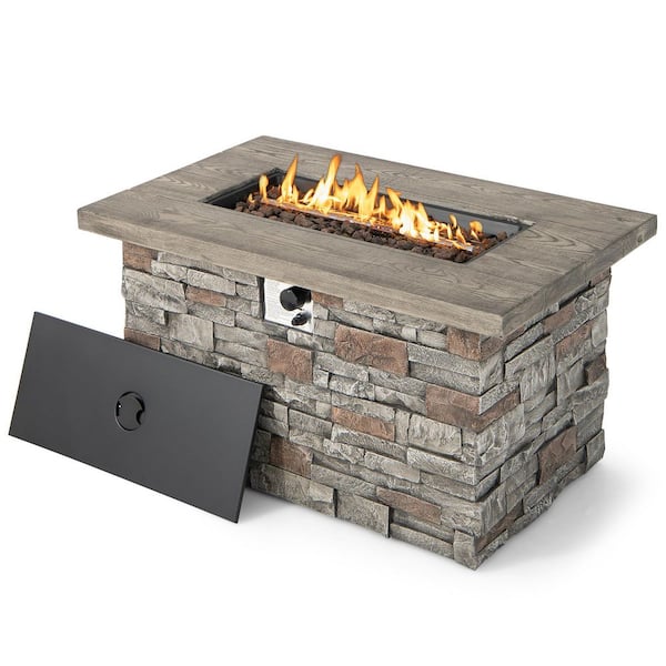 Costway 43.5 in. Rectangle Propane Gas Fire Pit Table Faux Stone w/Lava Rock & PVC Cover