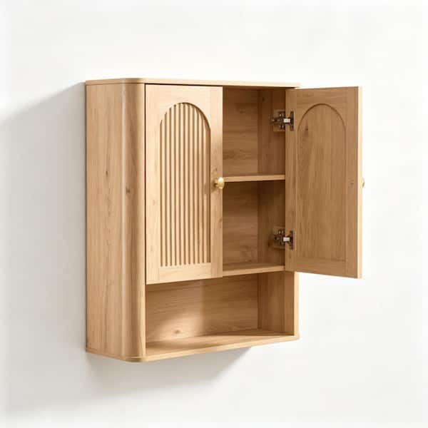 8"D x 23.6"W x 27.5"H Natural Oak Wood Wall Mount Medicine Cabinets with Adjustable Shelf and Doors in Natural Oak