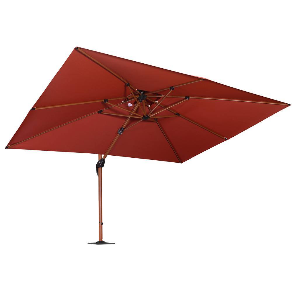 9 ft. x 12 ft. High-Quality Wood Pattern Aluminum Cantilever Polyester Patio Umbrella with Base Plate, Brick Red