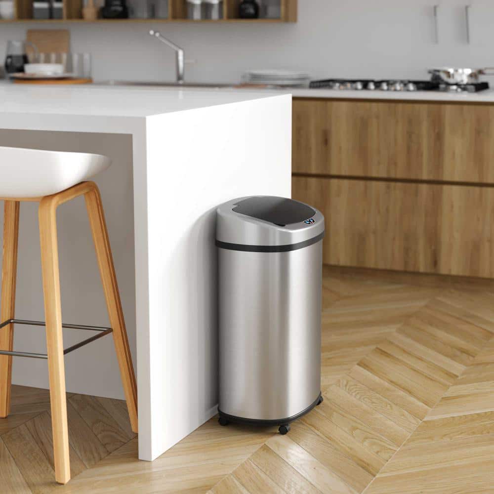 13 Gallon Silver Stainless Steel Touchless Trash Can with Wheels