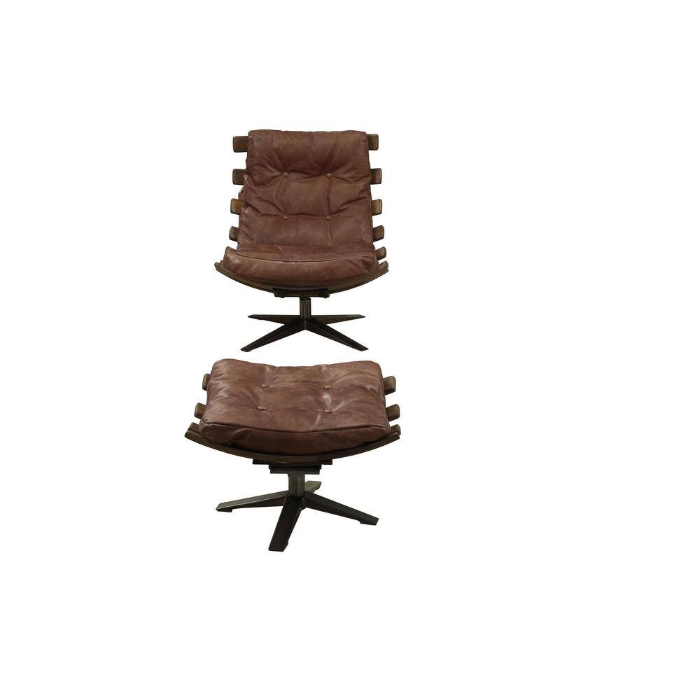 Retro Brown Top Grain Leather Recliner with Ottoman