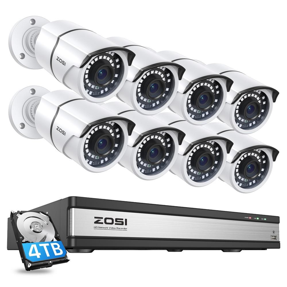 ZOSI 16-Channel 4K POE Security Cameras System with 4TB Hard Drive and 8 Wired 5MP Outdoor IP Cameras, 120 ft. Night Vision, White