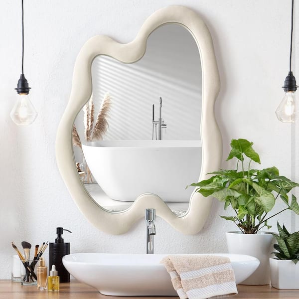 28 in. W x 36 in. H Irregular Beige Flannelette Framed Wall Mirror Asymmetrical Decorative Wall Mirror