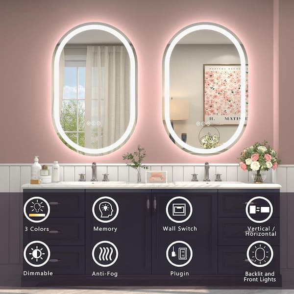 20 in. W x 28 in. H Oval Frameless Super Bright 192 LEDs/M Lighted Anti-Fog Tempered Glass Wall Bathroom Vanity Mirror