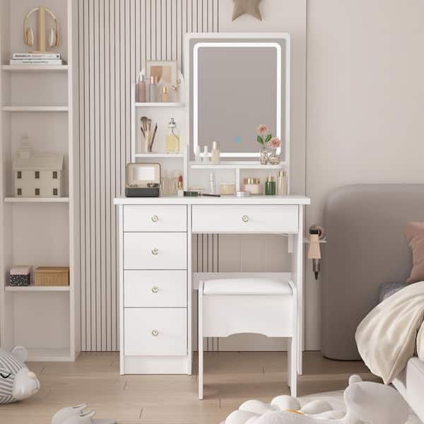 5-Drawers White Makeup Vanity Sets Dressing Table Sets With Stool, LED Lighted Mirror, Power Strip and Hair Dryer Holder