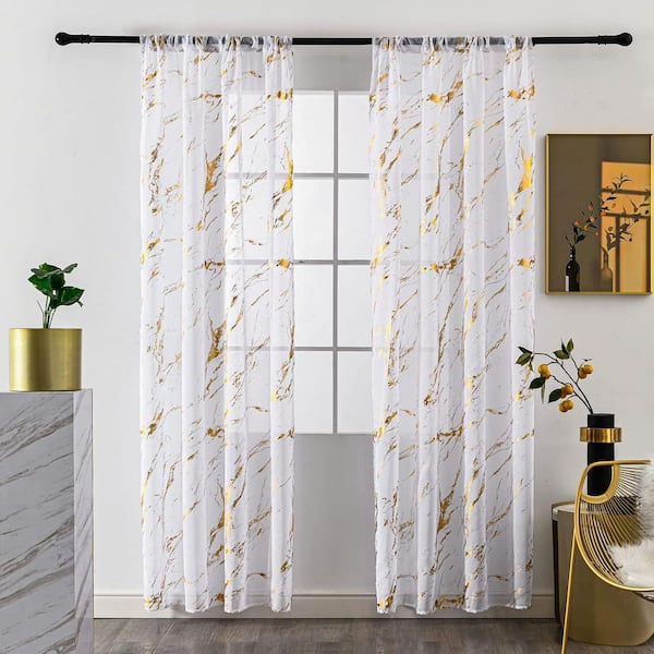 2 Pieces White Sheer Curtains Gold Foil Marble Print Rod Pocket Window Curtains, 52 in. W x 84 in. L
