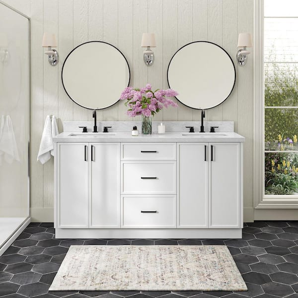 ARIEL Kelly 66 in. Double Sink Freestanding Bathroom Vanity in White with Carrara White Marble Top