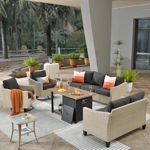Camellia E Beige 6-Piece Wicker Patio New Style Fire Pit Seating Set with Black Cushions and Swivel Rocking Chairs