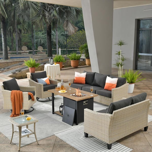 weaxty W Camellia E Beige 6-Piece Wicker Patio New Style Fire Pit Seating Set with Black Cushions and Swivel Rocking Chairs