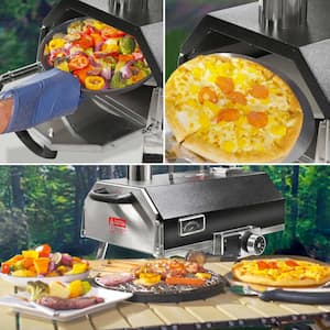 24.4 in. Automatic Rotating Wood Fired Outdoor Pizza Oven with Built-In Thermometer Pizza Cutter Carry Bag, Black