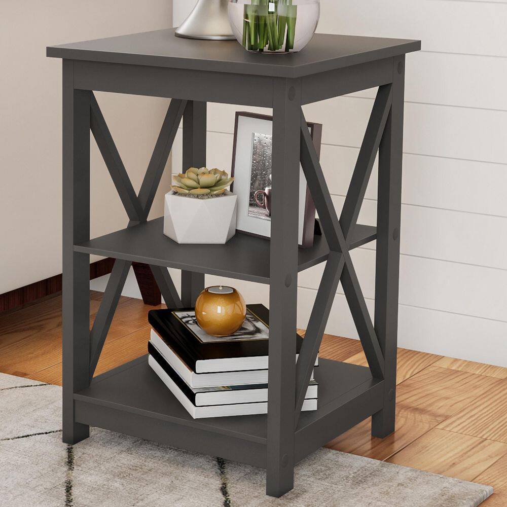 Gray Wooden X-Leg End Tables with Shelves, Set of 2