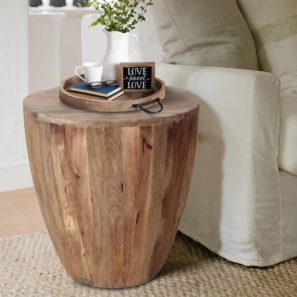 Arthur 21 in. Brown Round Mango Wood Top Handcarved Distressed Side End Table with Distressed Details