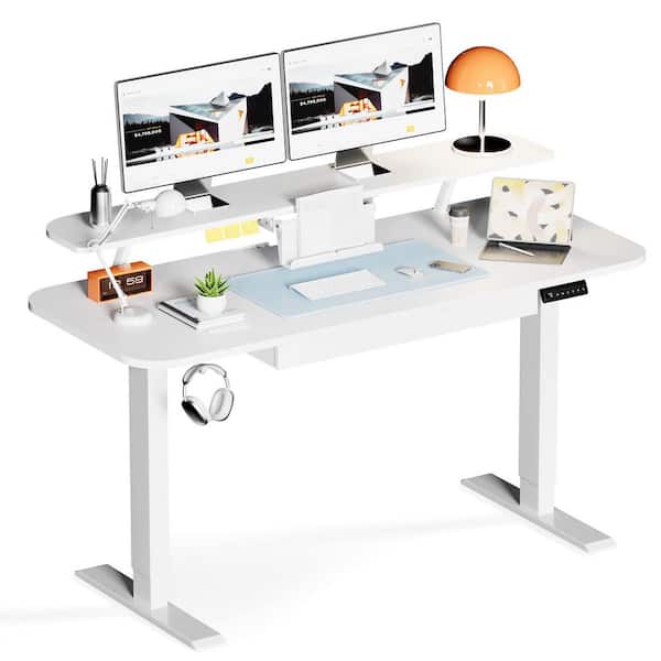 48 in. W x 24 in. D Electric Standing Desk with Drawers White Sit Stand Up Desk with Memory Preset Controller