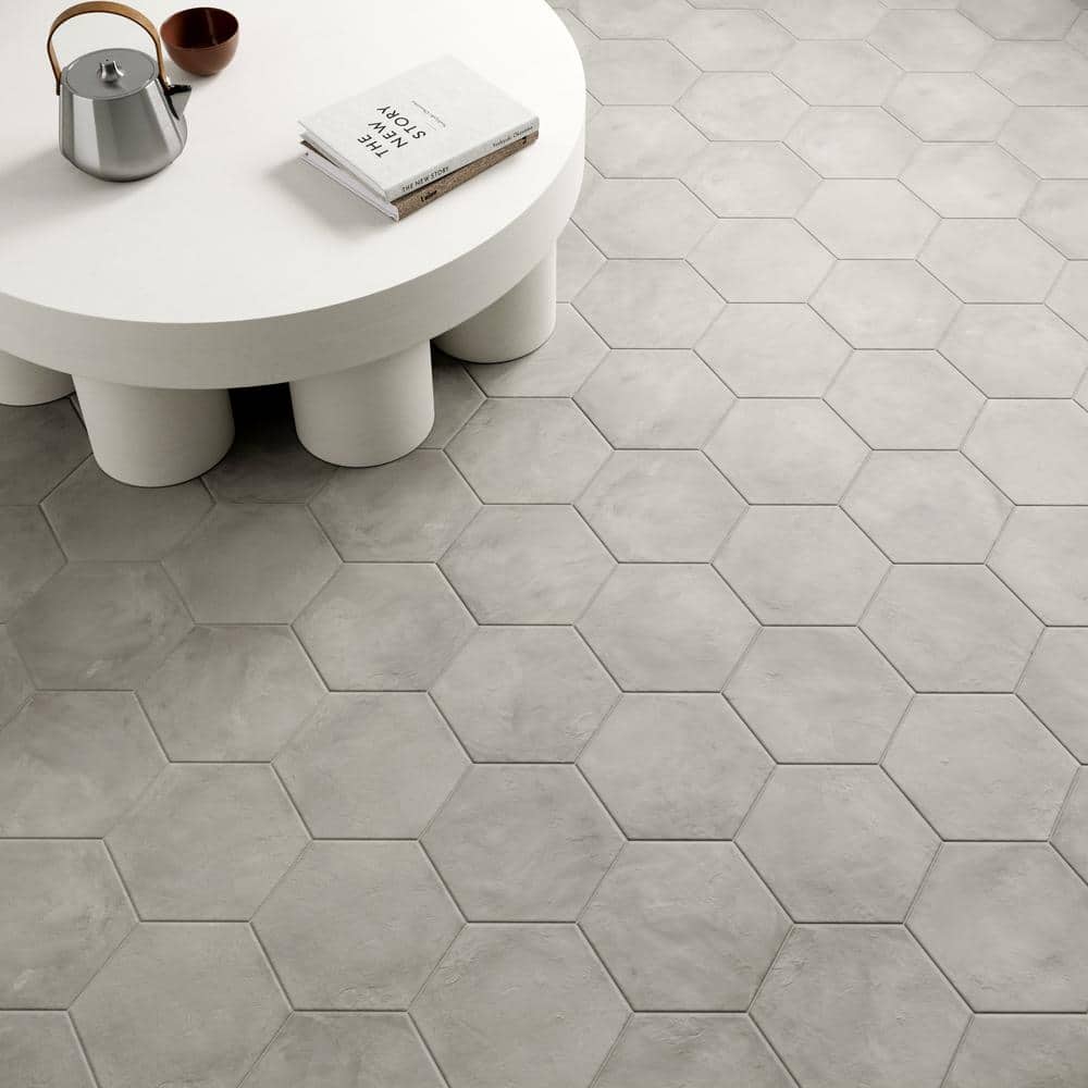 Matte Gray Hexagonal Porcelain Floor and Wall Tile, 8.5 x 9.84 in