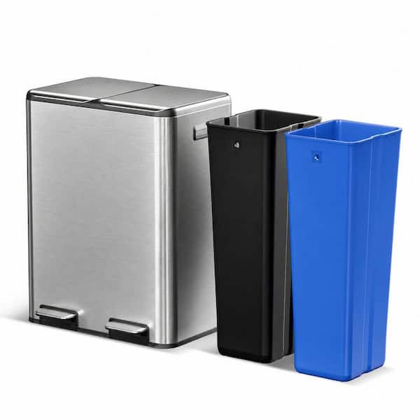 16 Gal. Silver Stainless Steel Dual Recycling Trash Can with Step-On Pedals and Slow Closing Lids, 60 Liters Total