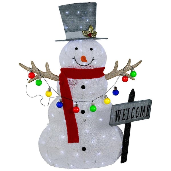 3D Lighted in.Welcomein. Snowman Outdoor Christmas Decoration-48in.-Warm White LED