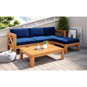 Blue 5-Piece Wood Outdoor Patio Sectional Sofa Seating Set with Cushions