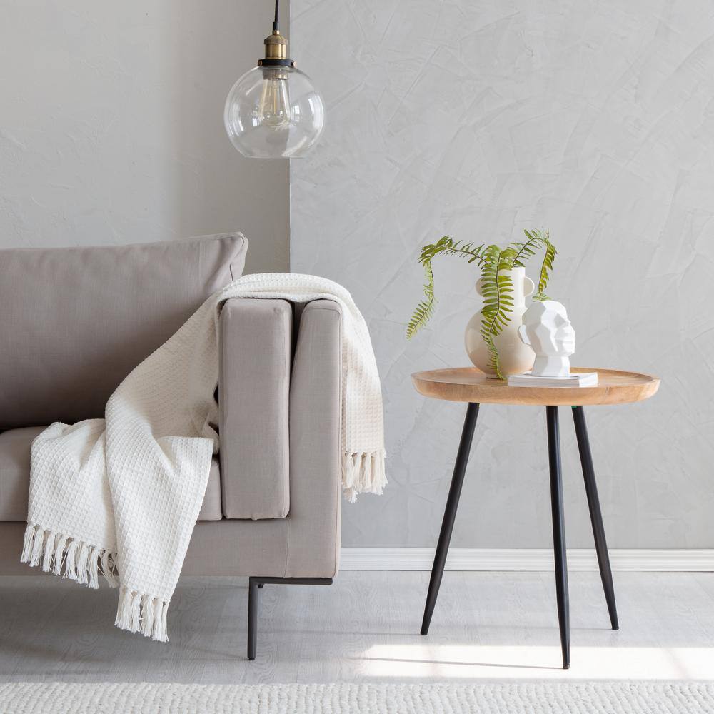 Small Round Black and Natural Wood Metal Side Table