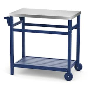 Navy Blue Outdoor Prep Cart Dining Table for Pizza Oven, Patio Grilling Backyard BBQ Grill Cart