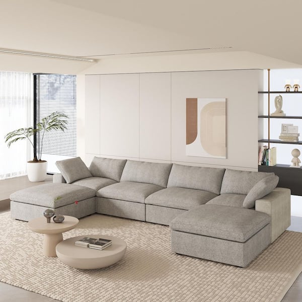 J&E Home 160.6 in. W Square Arm Linen U-Shaped 6-Pieces Modular Free Combination Sofa with Storage Ottoman in Gray