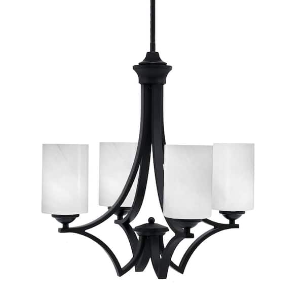 Unbranded Clevelend 4-Light Matte Black Round Chandelier with 4 in. White Marble Glass Shades, No bulbs included